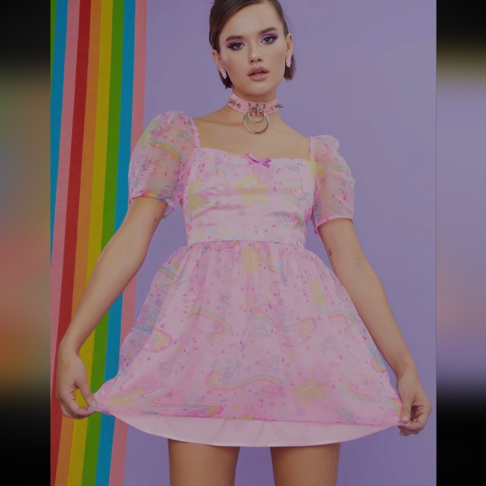 NWT Dolls Kill x Care Bears Pastel Pink Organza Mini Dress With Rainbow Pattern